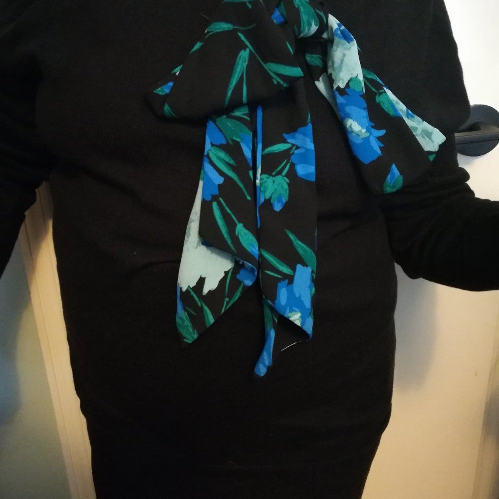 JCREW crewneck sweater with a blue flower shawl.